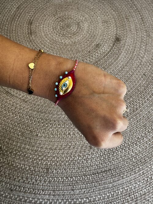 Χειροποίητο Βραχιόλι Μαρτάκι, διακοσμημένο με χρυσό μεταλλικό Μάτι